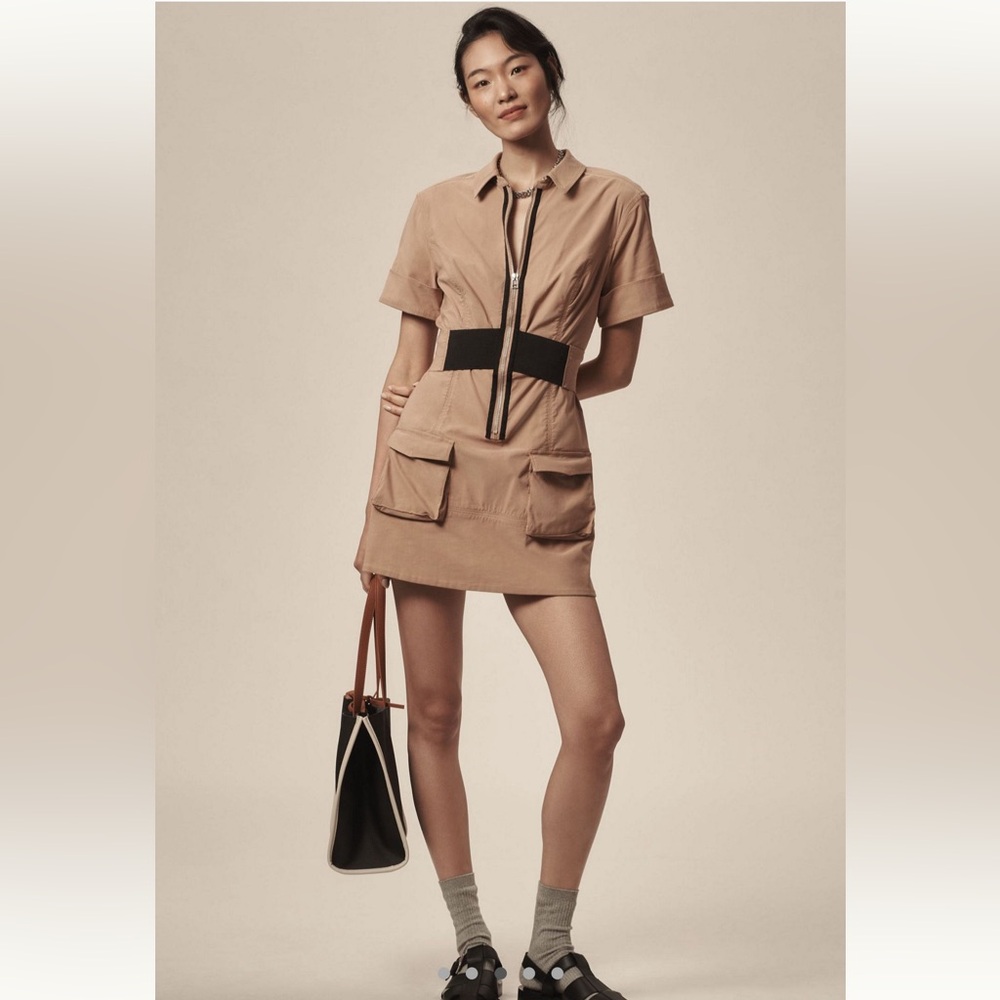 Anthropologie Maeve Tan Utility Shirt Dress Large NWT Zip Front Pockets - Picture 2 of 9